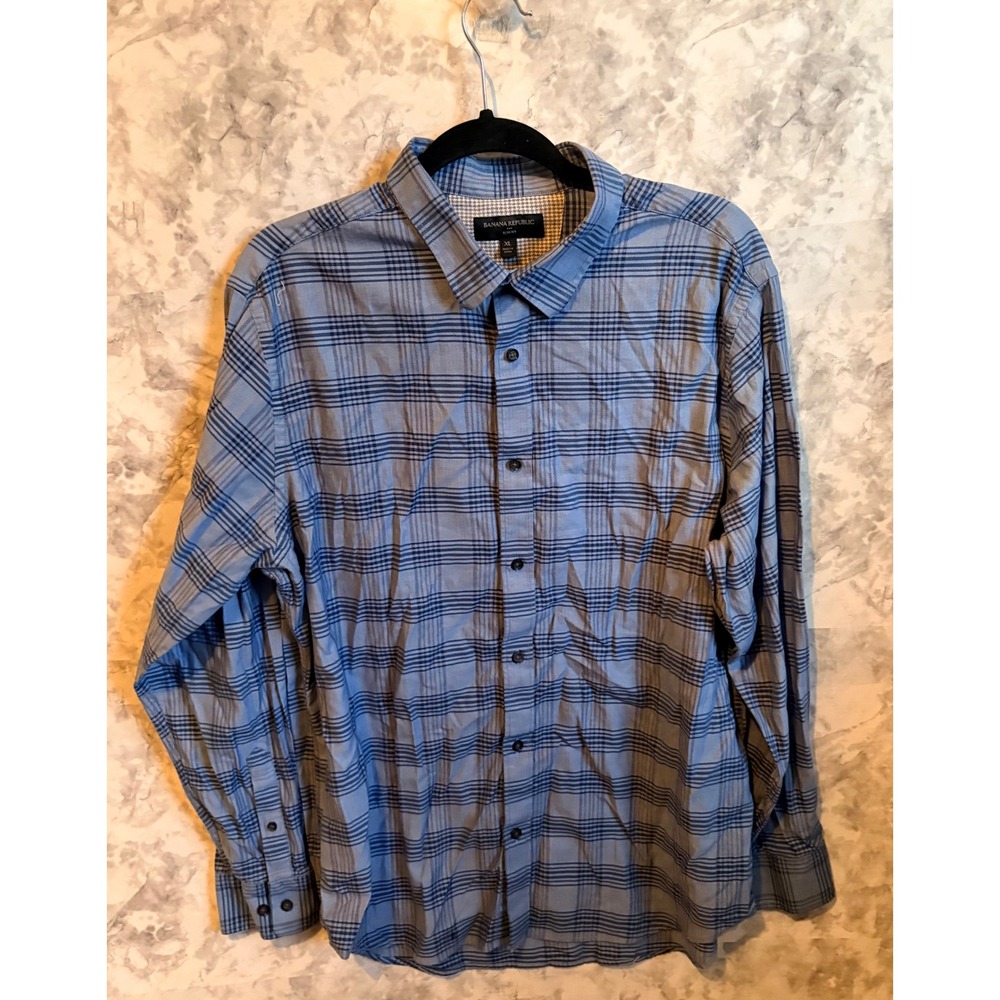 Banana Republic Men's Blue Plaid Slim Fit‎ Long Sleeve Button Down Shirt XL
